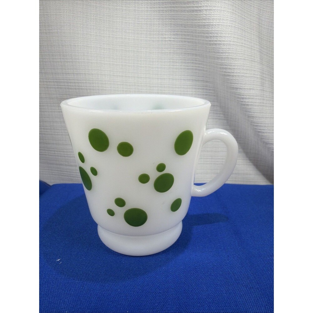 Vintage Hazel Atlas Green Polka Dot Milk Glass Mug Mid Century Footed Coffee Cup